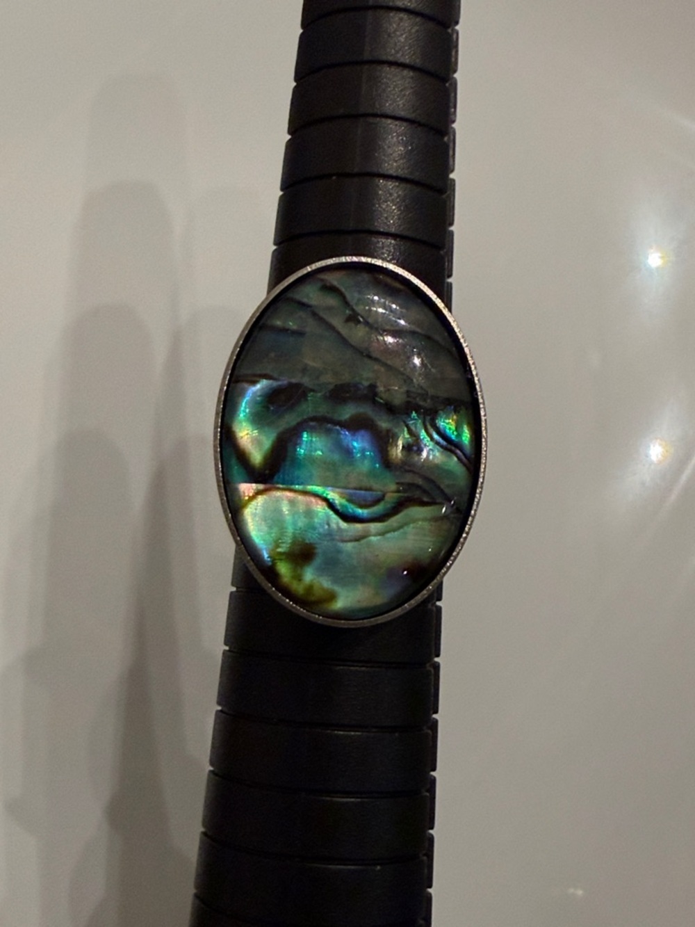 Hand Crafted Iridescent Abalone Oval Ring - Green Blue Sheen
